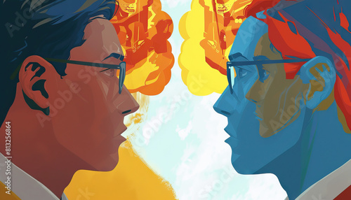 Great minds think alike, but fools seldom differ: A scene showing two intelligent people having a similar innovative idea, contrasted with two foolish people making the same obvious mistake