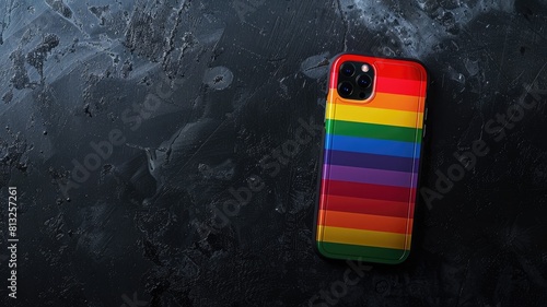 Rainbow-striped phone case on textured black surface