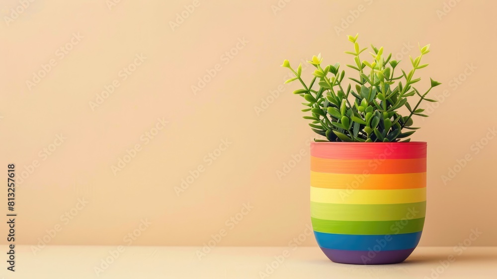 Green potted plant in colorful rainbow-striped pot against beige background