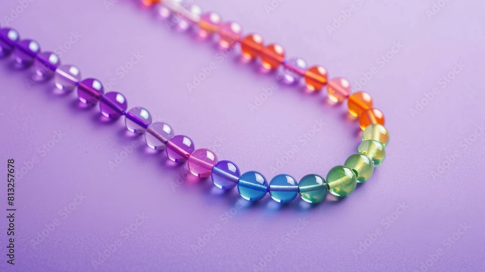 Obraz premium Colorful beaded necklace arranged in curve on purple background