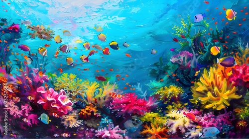 A colorful coral reef teeming with life beneath the clear turquoise waters of the tropical ocean  with schools of vibrant fish darting among the coral formations.