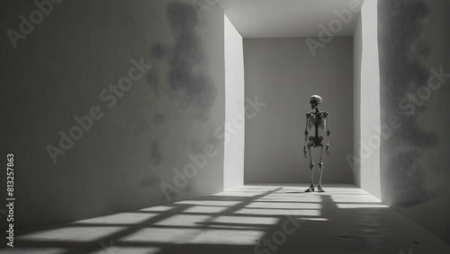In the stark whiteness  a solitary skeleton casts its shadow  the only contrast in the void ai_generated