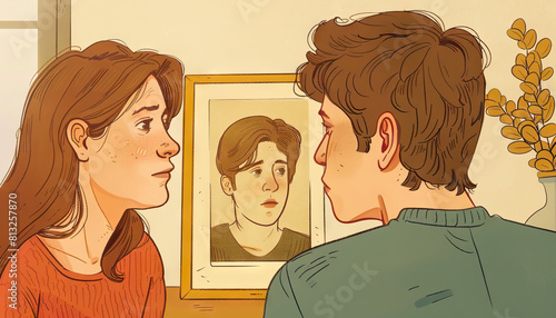 Absence makes the heart grow fonder: An illustration of two people, one traveling away, looking longingly at a photo of the other © Lila Patel
