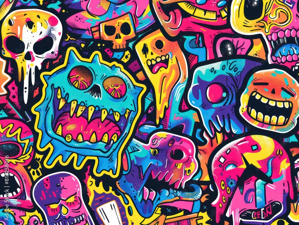 creatures and skulls, bold colorful outline, with bright colors in white background