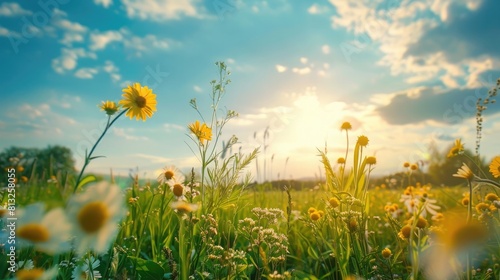 Idyllic summer meadow on a beautiful sunny day, copy space on left