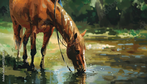 You can lead a horse to water, but you can't make it drink: A scene showing a person leading a horse to a stream, but the horse refusing to drink, representing the idea that you can offer help or oppo