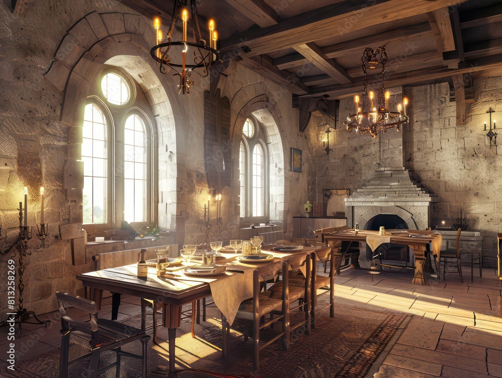 dinner room in medieval castle, 3d model