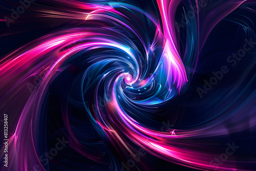 Psychedelic neon abstract composition with swirling pink and blue flares. Mind-bending artwork on black background.