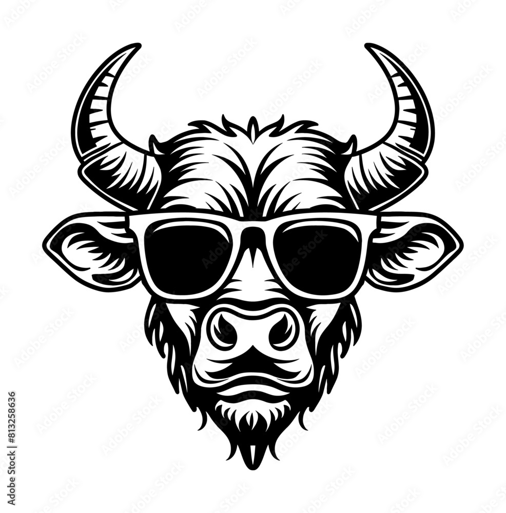 Obraz premium bull sunglasses engraving black and white outline