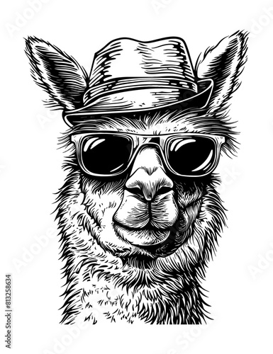 llama sunglasses engraving black and white outline