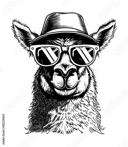 llama sunglasses engraving black and white outline