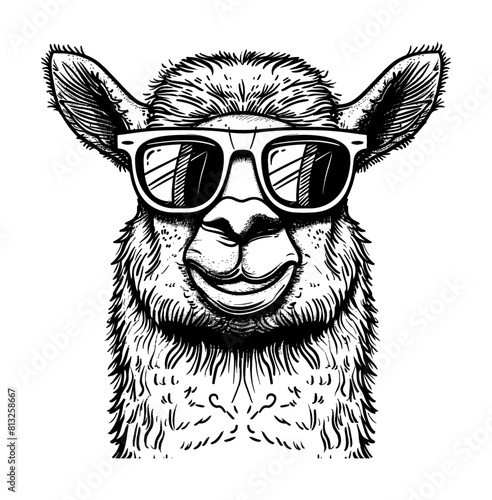 llama sunglasses engraving black and white outline