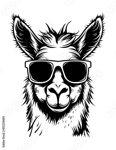 llama sunglasses engraving black and white outline