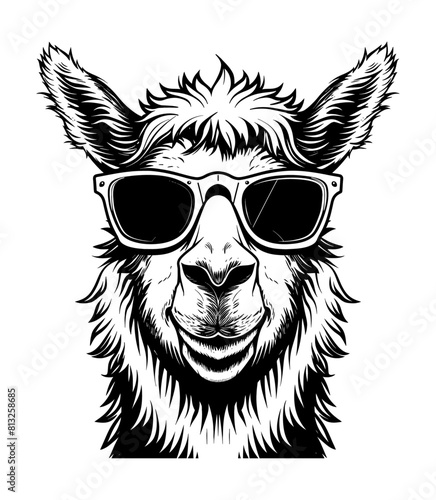 llama sunglasses engraving black and white outline