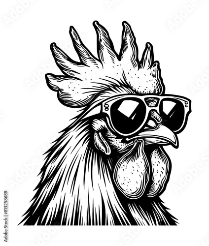 rooster sunglasses engraving black and white outline