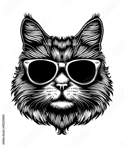 cat sunglasses engraving black and white outline