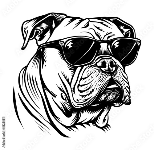 bulldog sunglasses engraving black and white outline