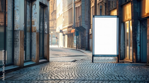 Outdoor mockup of a blank information poster on patterned paving-stone; an empty vertical street banner template in an alley; billboard placeholder mock-up on a city boulevard in an alleyway outdoors photo