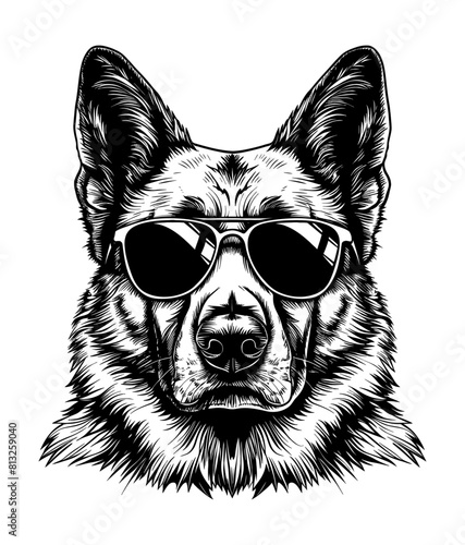 german shepherd sunglasses engraving black and white outline