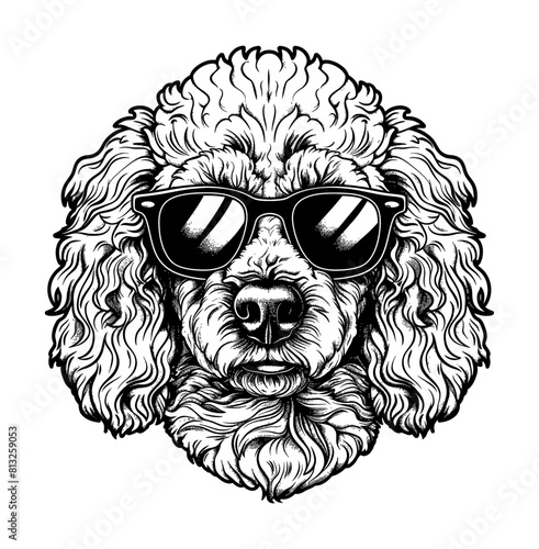 poodle dog sunglasses engraving black and white outline