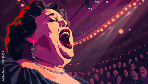 It's not over until the fat lady sings: An illustration of a theatrical performance where a large woman is singing, indicating that an outcome is not final until a certain event occurs