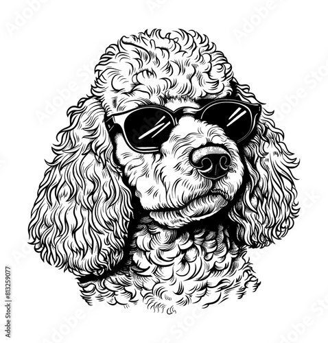 poodle dog sunglasses engraving black and white outline