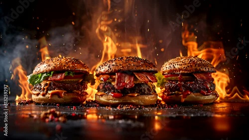 three hamburgers are sitting on a table with flames in the background photo
