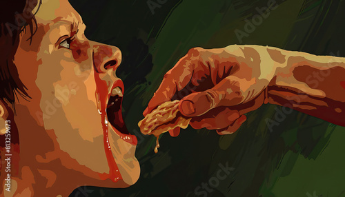 Don't bite the hand that feeds you: An image showing a person being fed by another and then turning to harm or show ingratitude to their helper