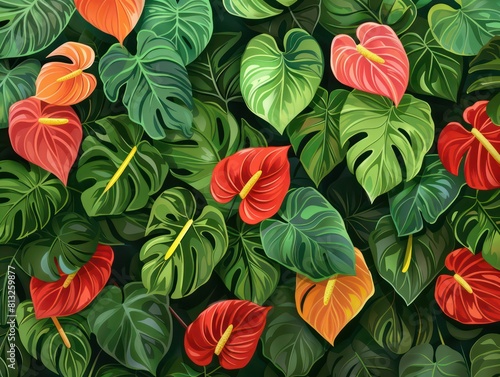 anthurium flower and foliage filled living wall