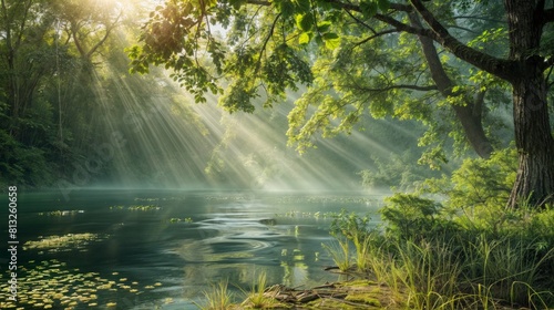 Morning mist over the lake in the forest. Beautiful nature background.