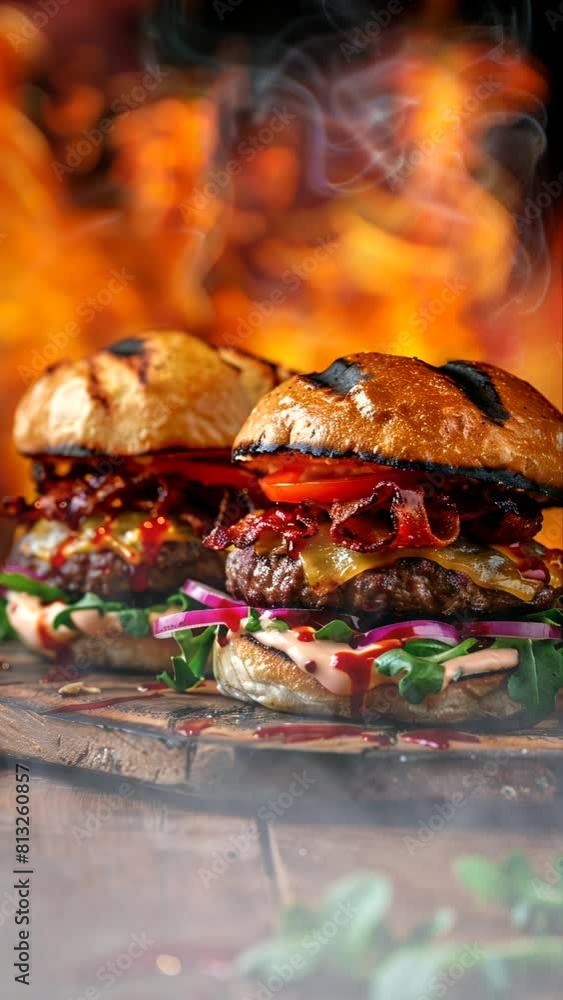 there are two sandwiches on a plate with flames in the background