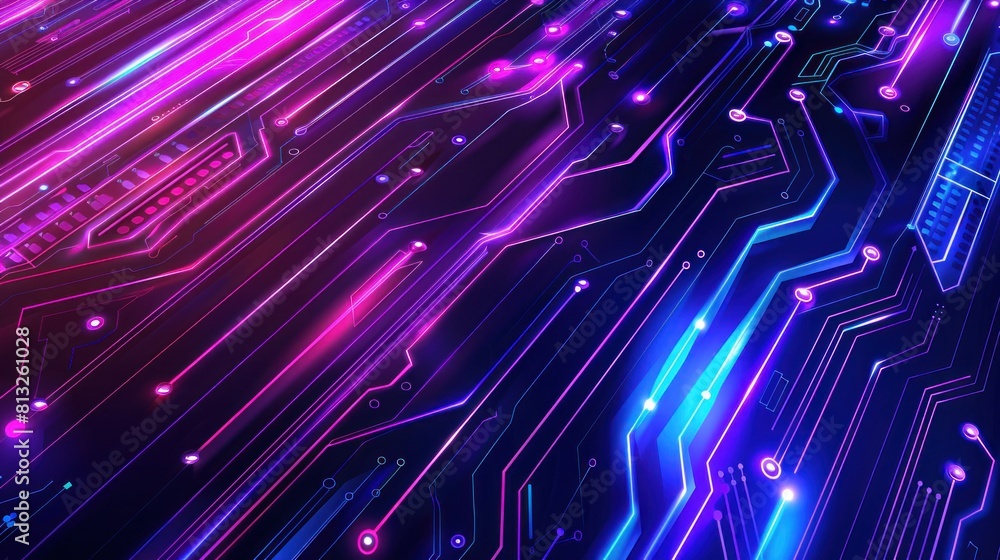 Glowing blue purple neon circuit board lines abstract banner design. Technology Glowing blue purple neon circuit board lines abstract banner design. Technology
