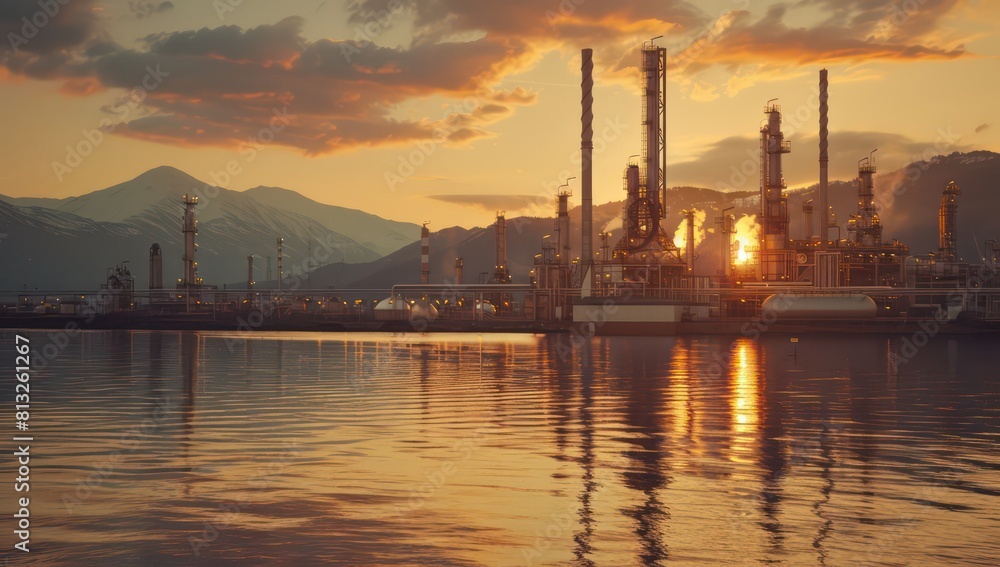 oil and gas plant at sunset with mountains in the background