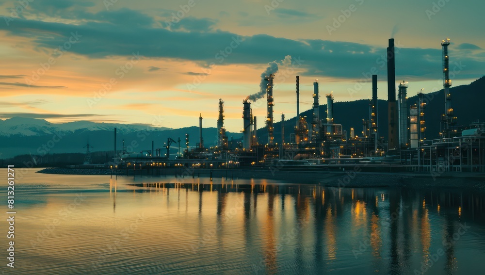 oil and gas plant at sunset with mountains in the background