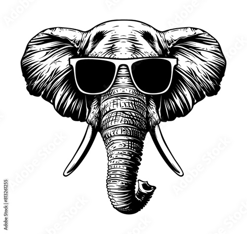 elephant sunglasses engraving black and white outline