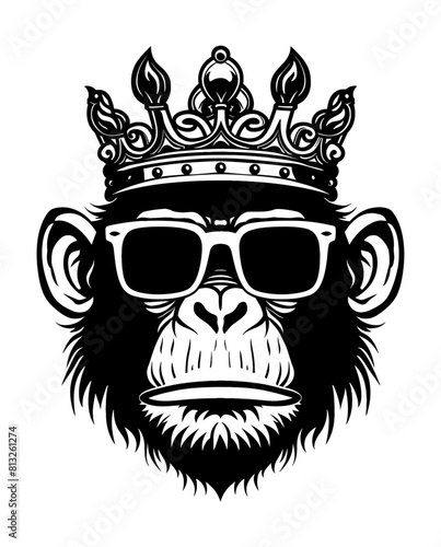 king gorilla wear crown sunglasses engraving black and white outline