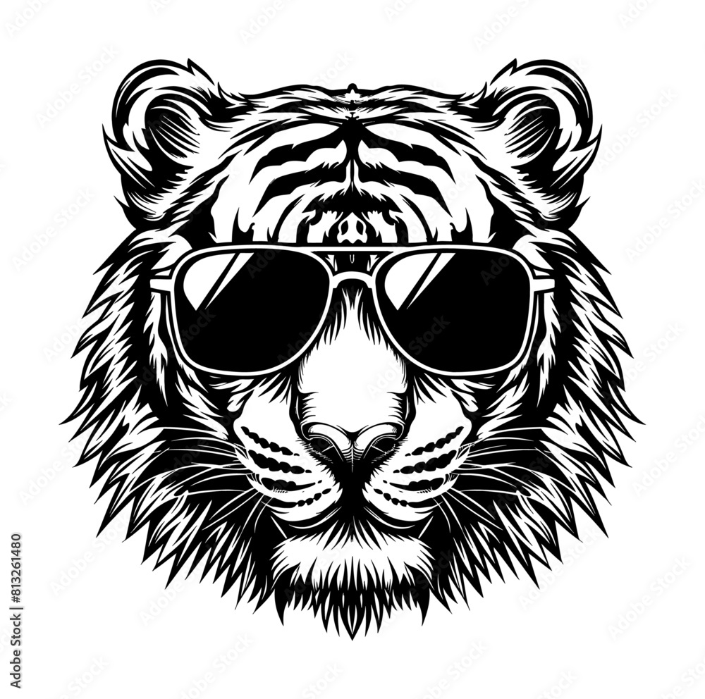 Obraz premium tiger sunglasses engraving black and white outline