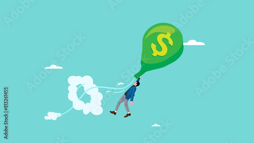 financial problem or business bankruptcy, panicked businessman dragged by a balloon with a deflated dollar symbol concept vector illustration