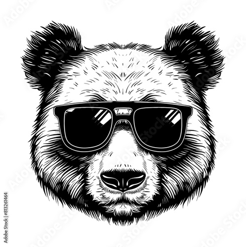panda sunglasses engraving black and white outline
