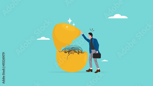 investment fraud, stock market investment scam, Stunned businessman investors open fake egg investment containing messy lines