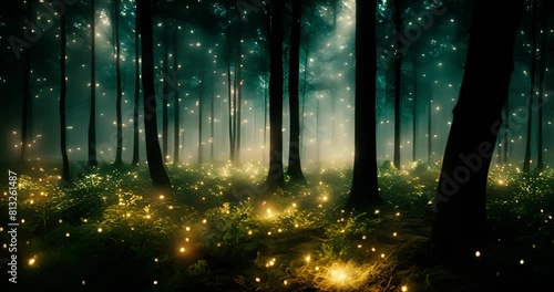 Enchanted Forest with Glowing Lights: Magical Nighttime Wonder