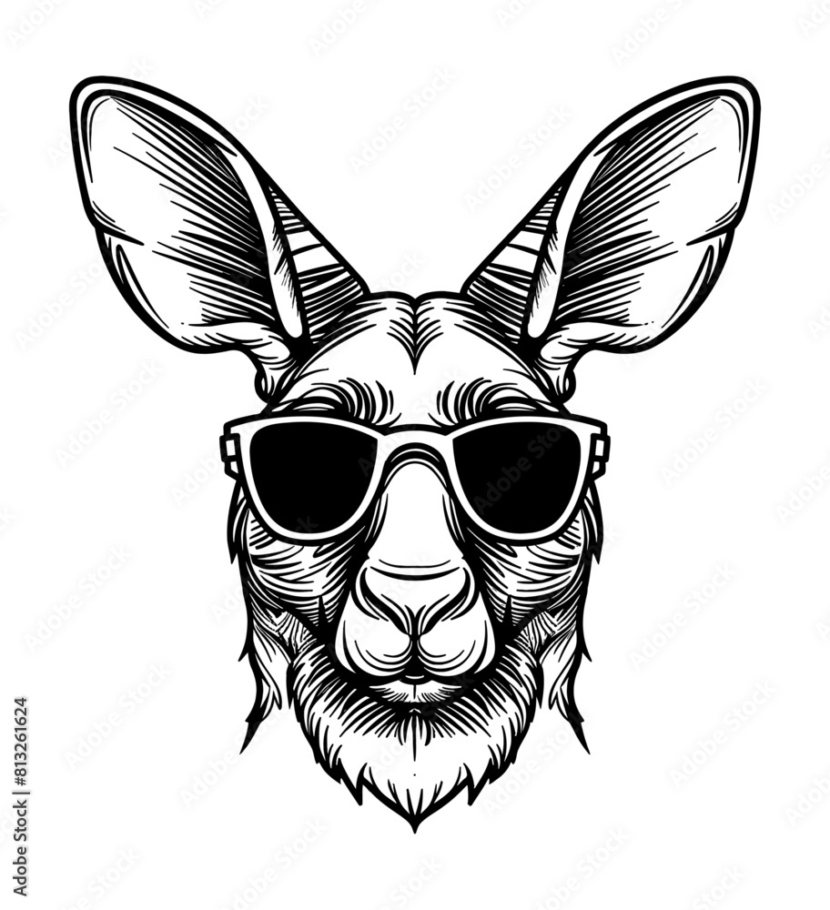 Fototapeta premium kangaroo sunglasses engraving black and white outline