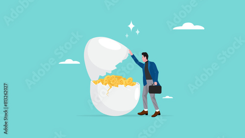 egg investment, investment profit and earning, success retirement planning with dividend or getting return on investment, happy businessman opens egg investment which contains lots of gold coins