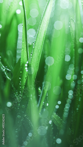 Fresh spring grass covered with morning dew drops. Vibrant colors with shallow dof and shiny water droplets. Showing tranquility of spring, environmentally conscious, or Earth day nature backgrounds. © Leigh Prather