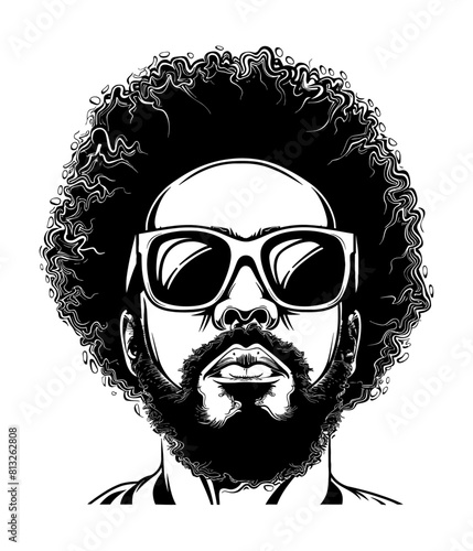 afro man sunglasses engraving black and white outline