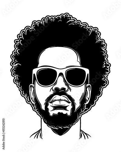 afro man sunglasses engraving black and white outline