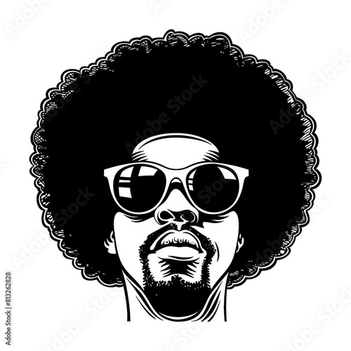 afro man sunglasses engraving black and white outline