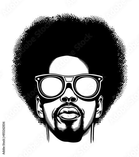 afro man sunglasses engraving black and white outline