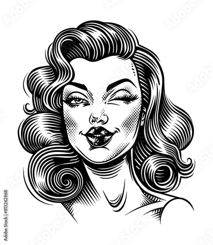 woman retro engraving black and white outline