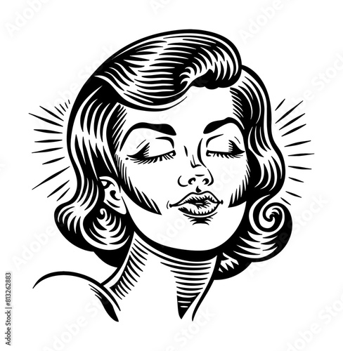woman retro engraving black and white outline